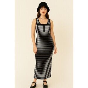 Y2K Midi Tank Dress Poof New York Striped‎ Bodycon Ribbed Racerback Women's Sz M